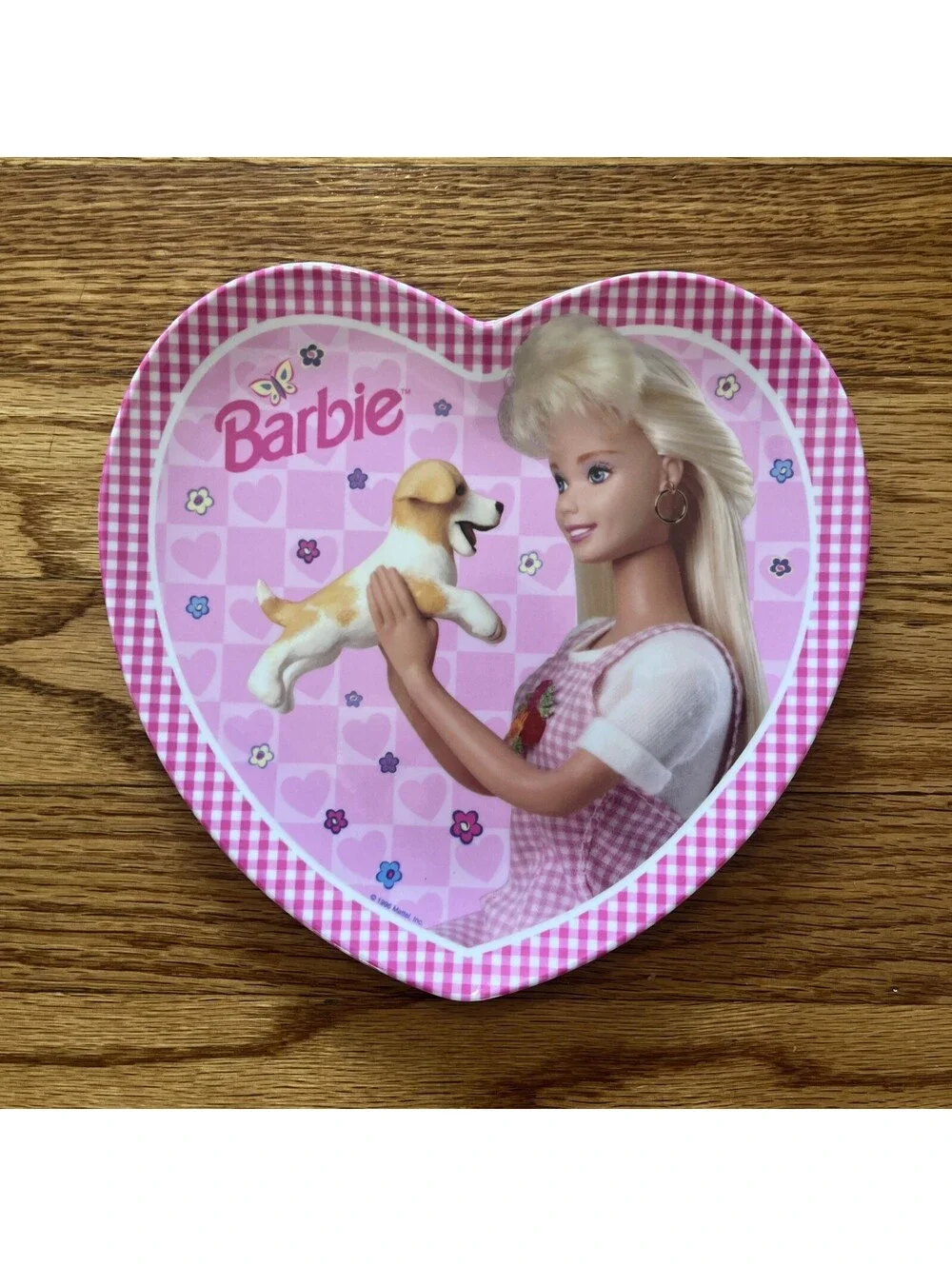 Vtg 90’s  Barbie Heart Shaped Plate & Bowl Set Pink Gingham Border Melamine